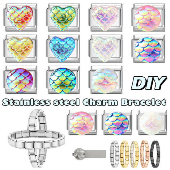Immagine di 1 Pz Plastica & 304 Acciaio Inossidabile San Valentino Magnetiche Italiane per Bracciali Modulari e Orologi Fai‑Da‑Te, Cuore AB Multicolore Tono Argento All'Ingrosso, 10mm x 9mm