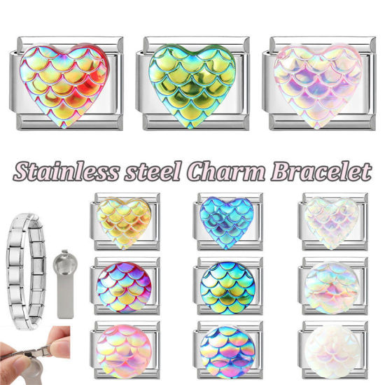 Immagine di 1 Pz Plastica & 304 Acciaio Inossidabile San Valentino Magnetiche Italiane per Bracciali Modulari e Orologi Fai‑Da‑Te, Cuore AB Multicolore Tono Argento All'Ingrosso, 10mm x 9mm