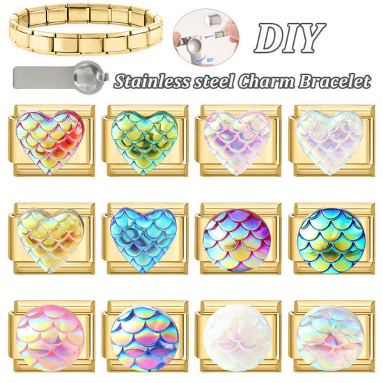 1 個 プラスチック&304ステンレス鋼 バレンタイン・デー イタリアンチャームリンク DIY モジュラーブレスレット・時計用, ハート ABカラー 金メッキ - 卸売り, 10mm x 9mm の画像