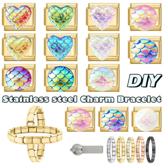 1 個 プラスチック&304ステンレス鋼 バレンタイン・デー イタリアンチャームリンク DIY モジュラーブレスレット・時計用, ハート ABカラー 金メッキ - 卸売り, 10mm x 9mm の画像