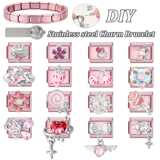 1 個 304ステンレス鋼+亜鉛合金 イタリアンチャームリンク DIY モジュラーブレスレット・時計用, デージー ピンク - 卸売り, 10mm x 9mm の画像