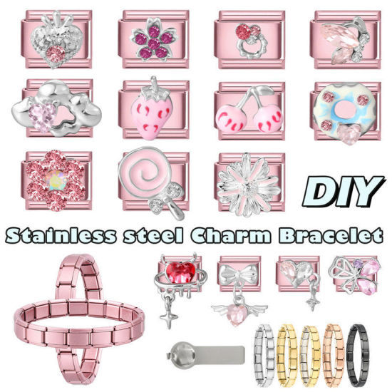 1 個 304ステンレス鋼+亜鉛合金 イタリアンチャームリンク DIY モジュラーブレスレット・時計用, デージー ピンク - 卸売り, 10mm x 9mm の画像