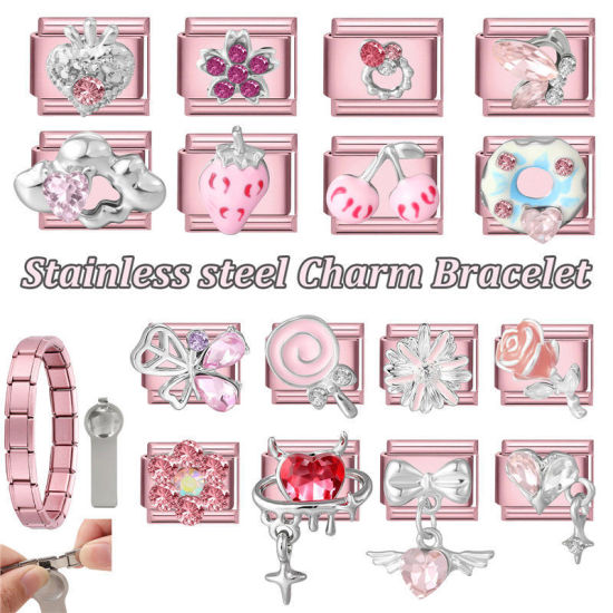 1 個 304ステンレス鋼+亜鉛合金 イタリアンチャームリンク DIY モジュラーブレスレット・時計用, デージー ピンク - 卸売り, 10mm x 9mm の画像
