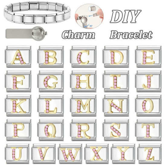 Image de 1 Pièce Maillons de Charme Italiens pour la Fabrication de Bijoux de Montres-Bracelets Modulables à Faire Soi-Même En Gros en 304 Acier Inoxydable & Alliage de Zinc Argent Mat Alphabet Initial/ Lettre Majuscule Mots " A " à Strass Rose 10mm x 9mm