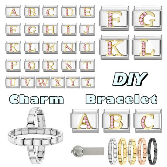 Image de 1 Pièce Maillons de Charme Italiens pour la Fabrication de Bijoux de Montres-Bracelets Modulables à Faire Soi-Même En Gros en 304 Acier Inoxydable & Alliage de Zinc Argent Mat Alphabet Initial/ Lettre Majuscule Mots " A " à Strass Rose 10mm x 9mm