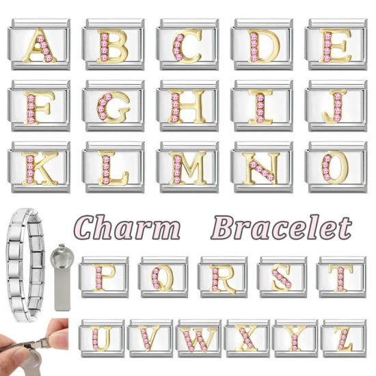 Image de 1 Pièce Maillons de Charme Italiens pour la Fabrication de Bijoux de Montres-Bracelets Modulables à Faire Soi-Même En Gros en 304 Acier Inoxydable & Alliage de Zinc Argent Mat Alphabet Initial/ Lettre Majuscule Mots " A " à Strass Rose 10mm x 9mm