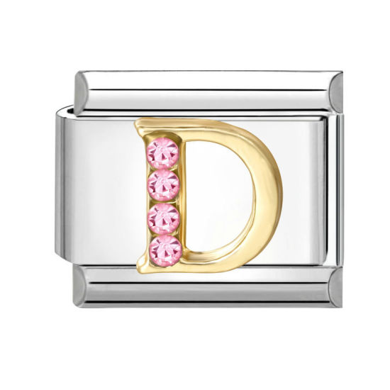 Image de 1 Pièce Maillons de Charme Italiens pour la Fabrication de Bijoux de Montres-Bracelets Modulables à Faire Soi-Même En Gros en 304 Acier Inoxydable & Alliage de Zinc Argent Mat Alphabet Initial/ Lettre Majuscule Mots " D " à Strass Rose 10mm x 9mm