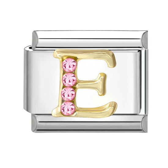 Image de 1 Pièce Maillons de Charme Italiens pour la Fabrication de Bijoux de Montres-Bracelets Modulables à Faire Soi-Même En Gros en 304 Acier Inoxydable & Alliage de Zinc Argent Mat Alphabet Initial/ Lettre Majuscule Mots " E " à Strass Rose 10mm x 9mm