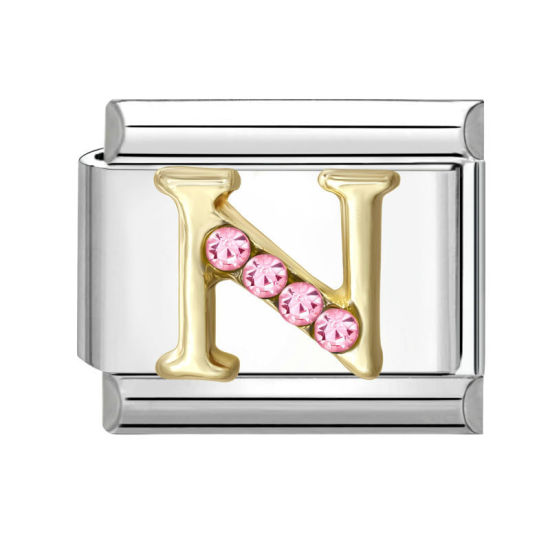 Image de 1 Pièce Maillons de Charme Italiens pour la Fabrication de Bijoux de Montres-Bracelets Modulables à Faire Soi-Même En Gros en 304 Acier Inoxydable & Alliage de Zinc Argent Mat Alphabet Initial/ Lettre Majuscule Mots " N " à Strass Rose 10mm x 9mm