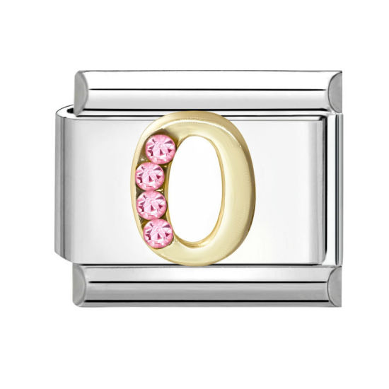 Image de 1 Pièce Maillons de Charme Italiens pour la Fabrication de Bijoux de Montres-Bracelets Modulables à Faire Soi-Même En Gros en 304 Acier Inoxydable & Alliage de Zinc Argent Mat Alphabet Initial/ Lettre Majuscule Mots " O " à Strass Rose 10mm x 9mm