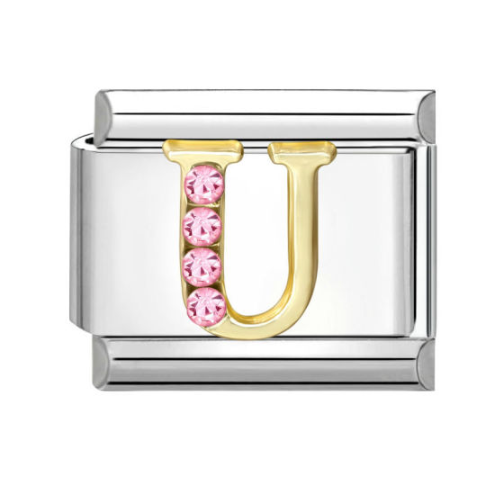 Image de 1 Pièce Maillons de Charme Italiens pour la Fabrication de Bijoux de Montres-Bracelets Modulables à Faire Soi-Même En Gros en 304 Acier Inoxydable & Alliage de Zinc Argent Mat Alphabet Initial/ Lettre Majuscule Mots " U " à Strass Rose 10mm x 9mm