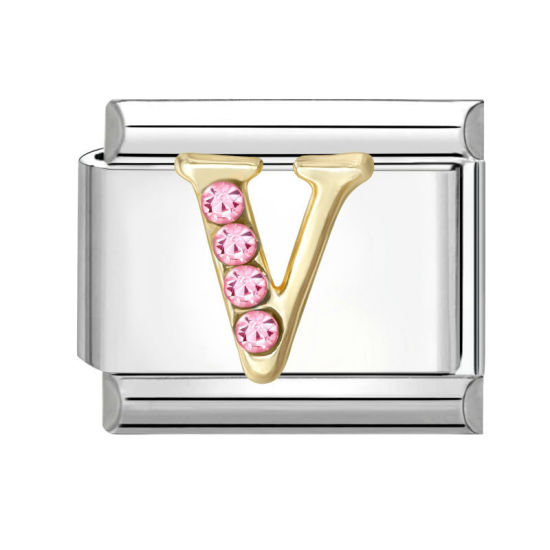Image de 1 Pièce Maillons de Charme Italiens pour la Fabrication de Bijoux de Montres-Bracelets Modulables à Faire Soi-Même En Gros en 304 Acier Inoxydable & Alliage de Zinc Argent Mat Alphabet Initial/ Lettre Majuscule Mots " V " à Strass Rose 10mm x 9mm