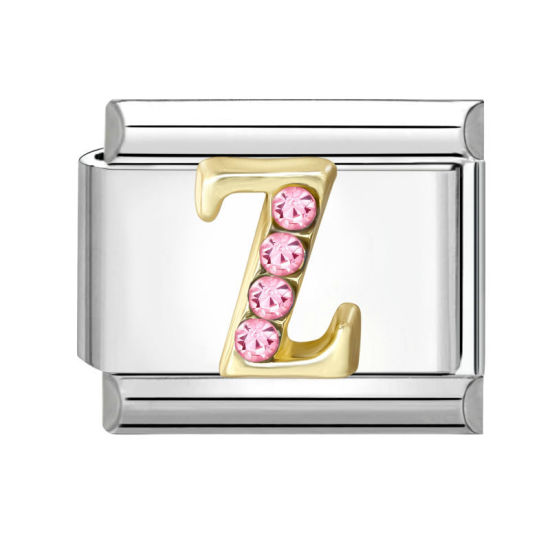 Image de 1 Pièce Maillons de Charme Italiens pour la Fabrication de Bijoux de Montres-Bracelets Modulables à Faire Soi-Même En Gros en 304 Acier Inoxydable & Alliage de Zinc Argent Mat Alphabet Initial/ Lettre Majuscule Mots " Z " à Strass Rose 10mm x 9mm