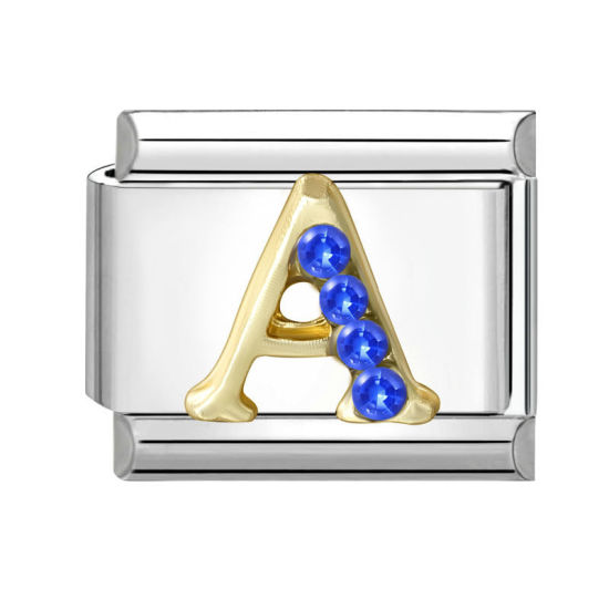 Image de 1 Pièce Maillons de Charme Italiens pour la Fabrication de Bijoux de Montres-Bracelets Modulables à Faire Soi-Même En Gros en 304 Acier Inoxydable & Alliage de Zinc Argent Mat Alphabet Initial/ Lettre Majuscule Mots " A " à Strass Bleu 10mm x 9mm