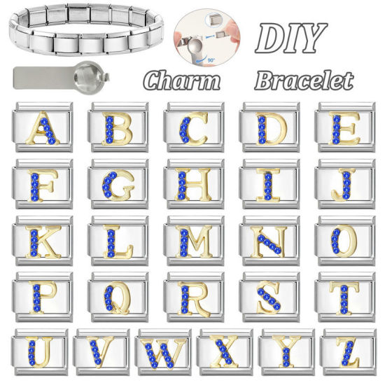 Image de 1 Pièce Maillons de Charme Italiens pour la Fabrication de Bijoux de Montres-Bracelets Modulables à Faire Soi-Même En Gros en 304 Acier Inoxydable & Alliage de Zinc Argent Mat Alphabet Initial/ Lettre Majuscule Mots " A " à Strass Bleu 10mm x 9mm