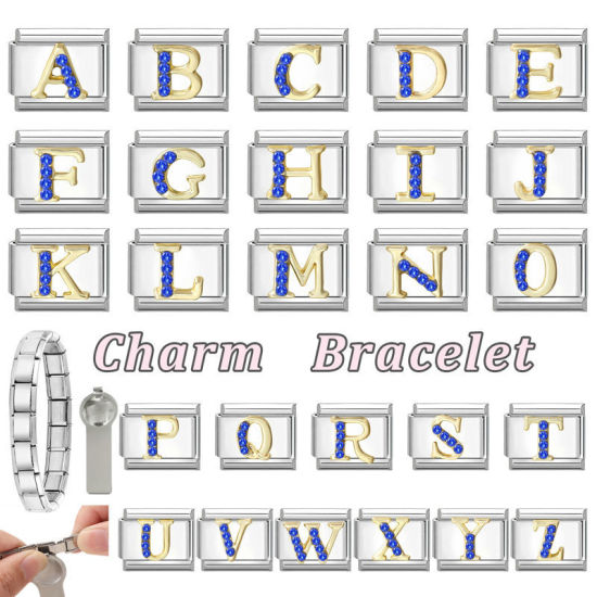 Image de 1 Pièce Maillons de Charme Italiens pour la Fabrication de Bijoux de Montres-Bracelets Modulables à Faire Soi-Même En Gros en 304 Acier Inoxydable & Alliage de Zinc Argent Mat Alphabet Initial/ Lettre Majuscule Mots " A " à Strass Bleu 10mm x 9mm