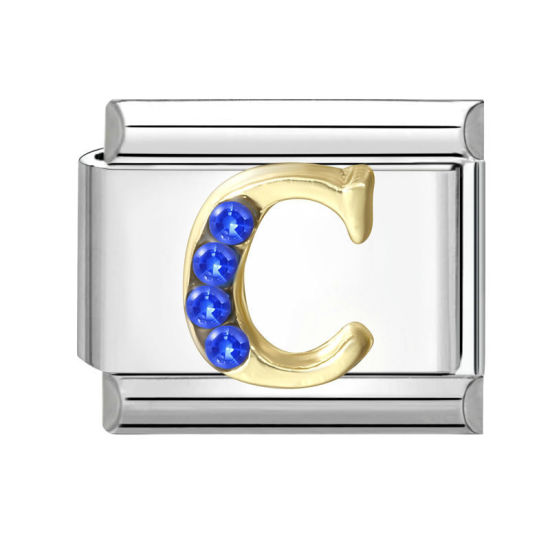 Image de 1 Pièce Maillons de Charme Italiens pour la Fabrication de Bijoux de Montres-Bracelets Modulables à Faire Soi-Même En Gros en 304 Acier Inoxydable & Alliage de Zinc Argent Mat Alphabet Initial/ Lettre Majuscule Mots " C " à Strass Bleu 10mm x 9mm