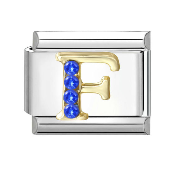 Image de 1 Pièce Maillons de Charme Italiens pour la Fabrication de Bijoux de Montres-Bracelets Modulables à Faire Soi-Même En Gros en 304 Acier Inoxydable & Alliage de Zinc Argent Mat Alphabet Initial/ Lettre Majuscule Mots " F " à Strass Bleu 10mm x 9mm
