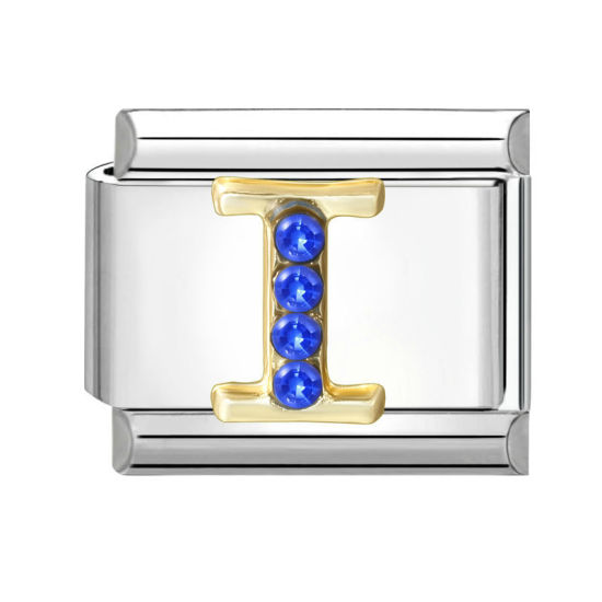 Image de 1 Pièce Maillons de Charme Italiens pour la Fabrication de Bijoux de Montres-Bracelets Modulables à Faire Soi-Même En Gros en 304 Acier Inoxydable & Alliage de Zinc Argent Mat Alphabet Initial/ Lettre Majuscule Mots " I " à Strass Bleu 10mm x 9mm