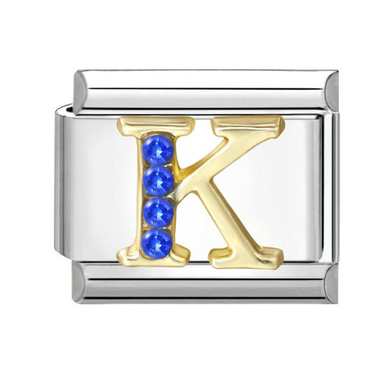 Image de 1 Pièce Maillons de Charme Italiens pour la Fabrication de Bijoux de Montres-Bracelets Modulables à Faire Soi-Même En Gros en 304 Acier Inoxydable & Alliage de Zinc Argent Mat Alphabet Initial/ Lettre Majuscule Mots " K " à Strass Bleu 10mm x 9mm