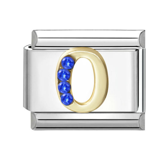 Image de 1 Pièce Maillons de Charme Italiens pour la Fabrication de Bijoux de Montres-Bracelets Modulables à Faire Soi-Même En Gros en 304 Acier Inoxydable & Alliage de Zinc Argent Mat Alphabet Initial/ Lettre Majuscule Mots " O " à Strass Bleu 10mm x 9mm