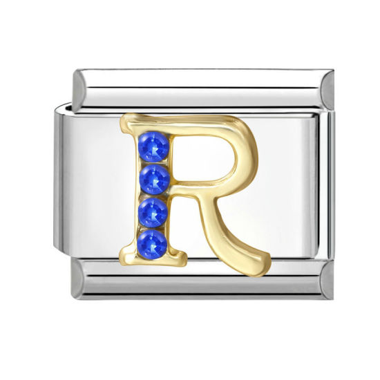 Image de 1 Pièce Maillons de Charme Italiens pour la Fabrication de Bijoux de Montres-Bracelets Modulables à Faire Soi-Même En Gros en 304 Acier Inoxydable & Alliage de Zinc Argent Mat Alphabet Initial/ Lettre Majuscule Mots " R " à Strass Bleu 10mm x 9mm