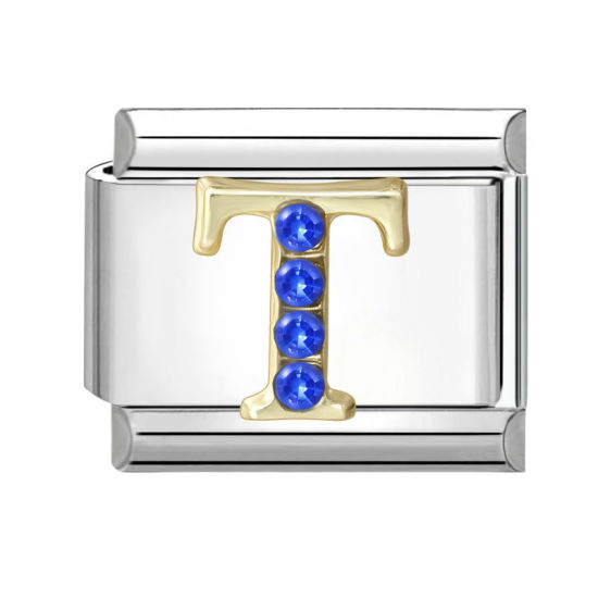 Image de 1 Pièce Maillons de Charme Italiens pour la Fabrication de Bijoux de Montres-Bracelets Modulables à Faire Soi-Même En Gros en 304 Acier Inoxydable & Alliage de Zinc Argent Mat Alphabet Initial/ Lettre Majuscule Mots " T " à Strass Bleu 10mm x 9mm