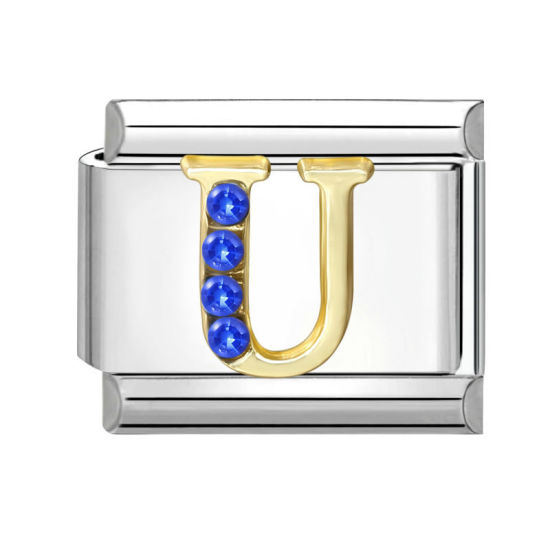 Image de 1 Pièce Maillons de Charme Italiens pour la Fabrication de Bijoux de Montres-Bracelets Modulables à Faire Soi-Même En Gros en 304 Acier Inoxydable & Alliage de Zinc Argent Mat Alphabet Initial/ Lettre Majuscule Mots " U " à Strass Bleu 10mm x 9mm