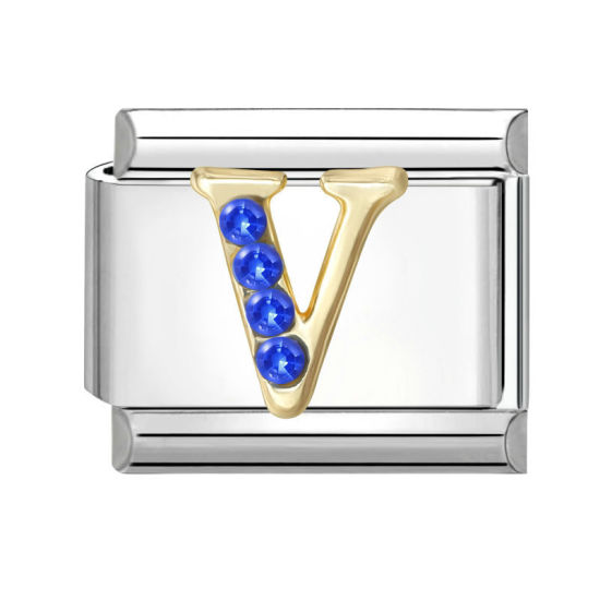 Image de 1 Pièce Maillons de Charme Italiens pour la Fabrication de Bijoux de Montres-Bracelets Modulables à Faire Soi-Même En Gros en 304 Acier Inoxydable & Alliage de Zinc Argent Mat Alphabet Initial/ Lettre Majuscule Mots " V " à Strass Bleu 10mm x 9mm