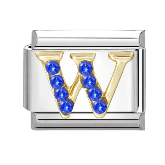 Image de 1 Pièce Maillons de Charme Italiens pour la Fabrication de Bijoux de Montres-Bracelets Modulables à Faire Soi-Même En Gros en 304 Acier Inoxydable & Alliage de Zinc Argent Mat Alphabet Initial/ Lettre Majuscule Mots " W " à Strass Bleu 10mm x 9mm