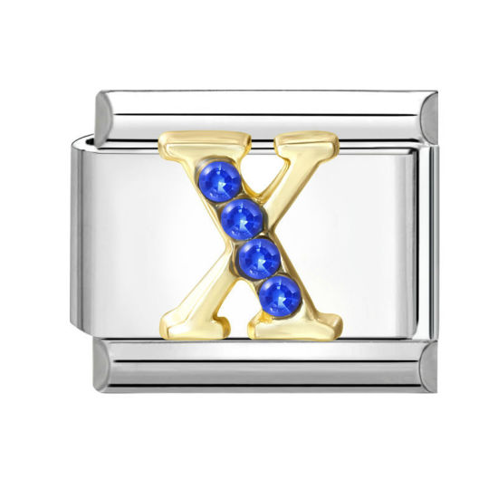 Image de 1 Pièce Maillons de Charme Italiens pour la Fabrication de Bijoux de Montres-Bracelets Modulables à Faire Soi-Même En Gros en 304 Acier Inoxydable & Alliage de Zinc Argent Mat Alphabet Initial/ Lettre Majuscule Mots " X " à Strass Bleu 10mm x 9mm
