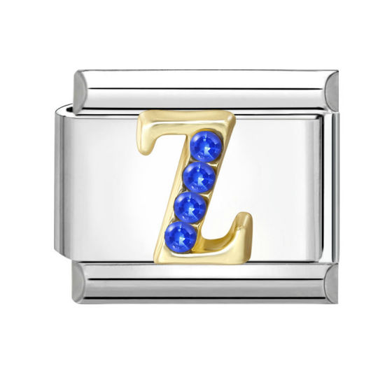 Image de 1 Pièce Maillons de Charme Italiens pour la Fabrication de Bijoux de Montres-Bracelets Modulables à Faire Soi-Même En Gros en 304 Acier Inoxydable & Alliage de Zinc Argent Mat Alphabet Initial/ Lettre Majuscule Mots " Z " à Strass Bleu 10mm x 9mm