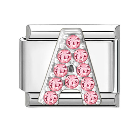 Picture of 1 Piece 304 Stainless Steel & Zinc Based Alloy Italian Charm Links For DIY Modular Bracelet Watch Jewelry Making, Capital Alphabet Initial Letter Message " A " Pink Rhinestone Silver Tone - Wholesale, 10mm x 9mm