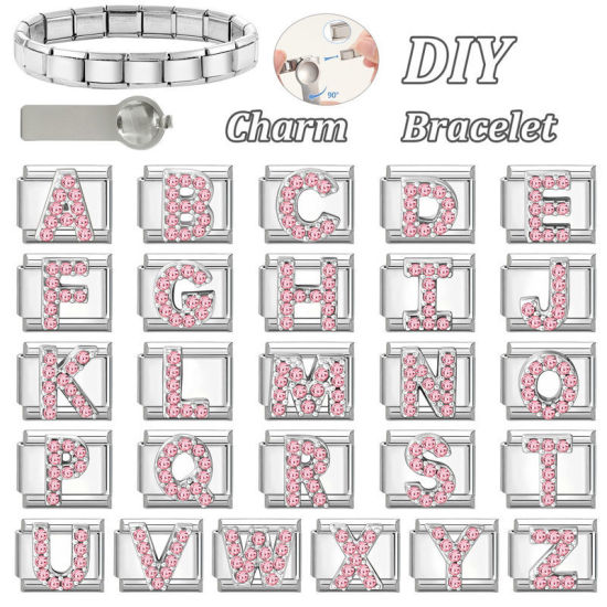Picture of 1 Piece 304 Stainless Steel & Zinc Based Alloy Italian Charm Links For DIY Modular Bracelet Watch Jewelry Making, Capital Alphabet Initial Letter Message " A " Pink Rhinestone Silver Tone - Wholesale, 10mm x 9mm