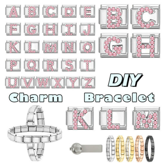 Picture of 1 Piece 304 Stainless Steel & Zinc Based Alloy Italian Charm Links For DIY Modular Bracelet Watch Jewelry Making, Capital Alphabet Initial Letter Message " A " Pink Rhinestone Silver Tone - Wholesale, 10mm x 9mm