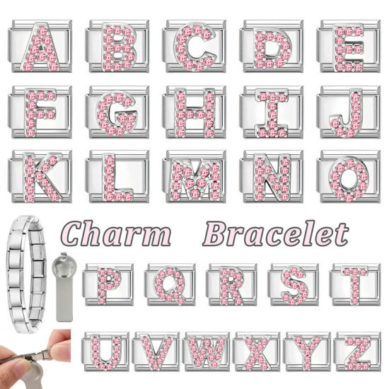 Picture of 1 Piece 304 Stainless Steel & Zinc Based Alloy Italian Charm Links For DIY Modular Bracelet Watch Jewelry Making, Capital Alphabet Initial Letter Message " A " Pink Rhinestone Silver Tone - Wholesale, 10mm x 9mm