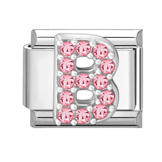 Picture of 1 Piece 304 Stainless Steel & Zinc Based Alloy Italian Charm Links For DIY Modular Bracelet Watch Jewelry Making, Capital Alphabet Initial Letter Message " B " Pink Rhinestone Silver Tone - Wholesale, 10mm x 9mm