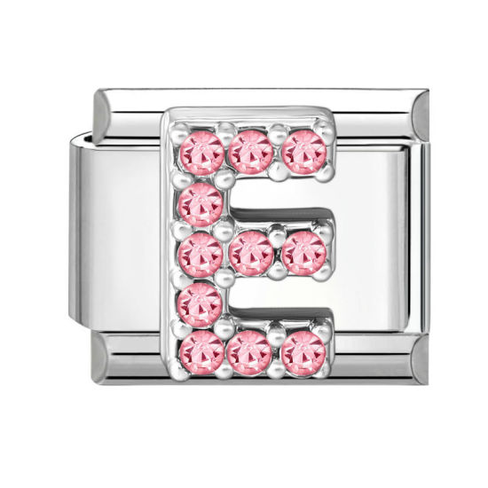 Picture of 1 Piece 304 Stainless Steel & Zinc Based Alloy Italian Charm Links For DIY Modular Bracelet Watch Jewelry Making, Capital Alphabet Initial Letter Message " E " Pink Rhinestone Silver Tone - Wholesale, 10mm x 9mm