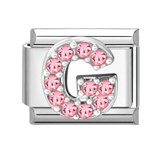 Picture of 1 Piece 304 Stainless Steel & Zinc Based Alloy Italian Charm Links For DIY Modular Bracelet Watch Jewelry Making, Capital Alphabet Initial Letter Message " G " Pink Rhinestone Silver Tone - Wholesale, 10mm x 9mm