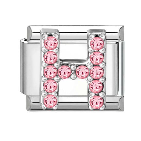 Picture of 1 Piece 304 Stainless Steel & Zinc Based Alloy Italian Charm Links For DIY Modular Bracelet Watch Jewelry Making, Capital Alphabet Initial Letter Message " H " Pink Rhinestone Silver Tone - Wholesale, 10mm x 9mm