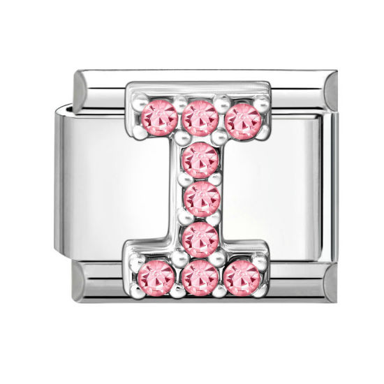 Picture of 1 Piece 304 Stainless Steel & Zinc Based Alloy Italian Charm Links For DIY Modular Bracelet Watch Jewelry Making, Capital Alphabet Initial Letter Message " I " Pink Rhinestone Silver Tone - Wholesale, 10mm x 9mm
