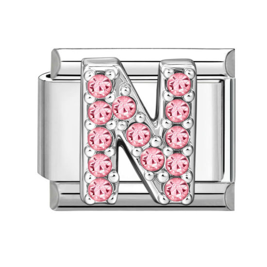 Picture of 1 Piece 304 Stainless Steel & Zinc Based Alloy Italian Charm Links For DIY Modular Bracelet Watch Jewelry Making, Capital Alphabet Initial Letter Message " N " Pink Rhinestone Silver Tone - Wholesale, 10mm x 9mm