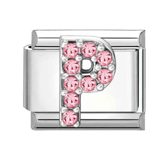 Picture of 1 Piece 304 Stainless Steel & Zinc Based Alloy Italian Charm Links For DIY Modular Bracelet Watch Jewelry Making, Capital Alphabet Initial Letter Message " P " Pink Rhinestone Silver Tone - Wholesale, 10mm x 9mm