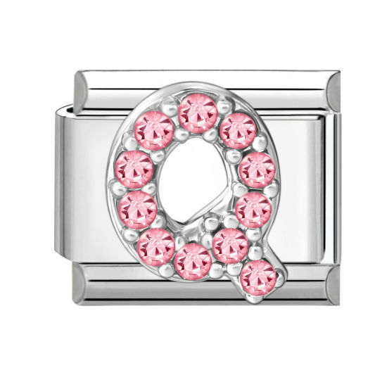 Picture of 1 Piece 304 Stainless Steel & Zinc Based Alloy Italian Charm Links For DIY Modular Bracelet Watch Jewelry Making, Capital Alphabet Initial Letter Message " Q " Pink Rhinestone Silver Tone - Wholesale, 10mm x 9mm