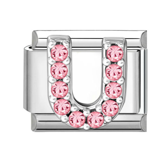 Picture of 1 Piece 304 Stainless Steel & Zinc Based Alloy Italian Charm Links For DIY Modular Bracelet Watch Jewelry Making, Capital Alphabet Initial Letter Message " U " Pink Rhinestone Silver Tone - Wholesale, 10mm x 9mm