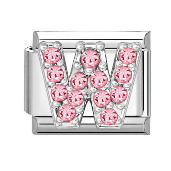 Picture of 1 Piece 304 Stainless Steel & Zinc Based Alloy Italian Charm Links For DIY Modular Bracelet Watch Jewelry Making, Capital Alphabet Initial Letter Message " W " Pink Rhinestone Silver Tone - Wholesale, 10mm x 9mm
