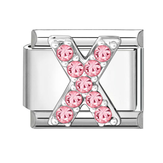 Picture of 1 Piece 304 Stainless Steel & Zinc Based Alloy Italian Charm Links For DIY Modular Bracelet Watch Jewelry Making, Capital Alphabet Initial Letter Message " X " Pink Rhinestone Silver Tone - Wholesale, 10mm x 9mm