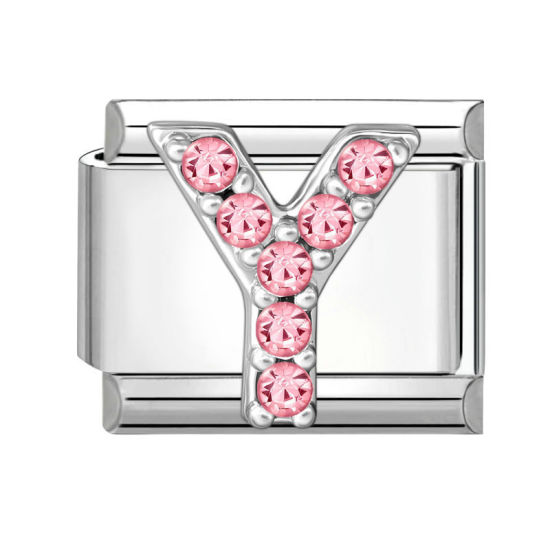Picture of 1 Piece 304 Stainless Steel & Zinc Based Alloy Italian Charm Links For DIY Modular Bracelet Watch Jewelry Making, Capital Alphabet Initial Letter Message " Y " Pink Rhinestone Silver Tone - Wholesale, 10mm x 9mm