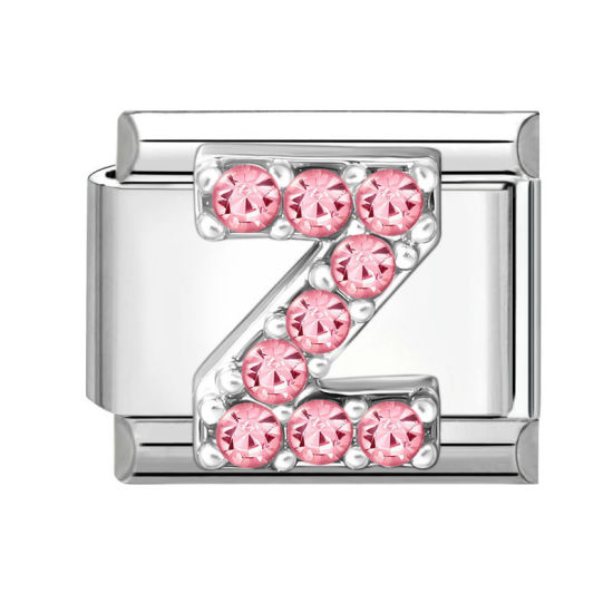 Picture of 1 Piece 304 Stainless Steel & Zinc Based Alloy Italian Charm Links For DIY Modular Bracelet Watch Jewelry Making, Capital Alphabet Initial Letter Message " Z " Pink Rhinestone Silver Tone - Wholesale, 10mm x 9mm