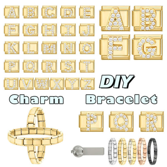 1 個 304ステンレス鋼+亜鉛合金 イタリアンチャームリンク DIY モジュラーブレスレット・時計用, キャピタルレター 文字「 A 」 透明ラインストーン 金メッキ - 卸売り, 10mm x 9mm の画像